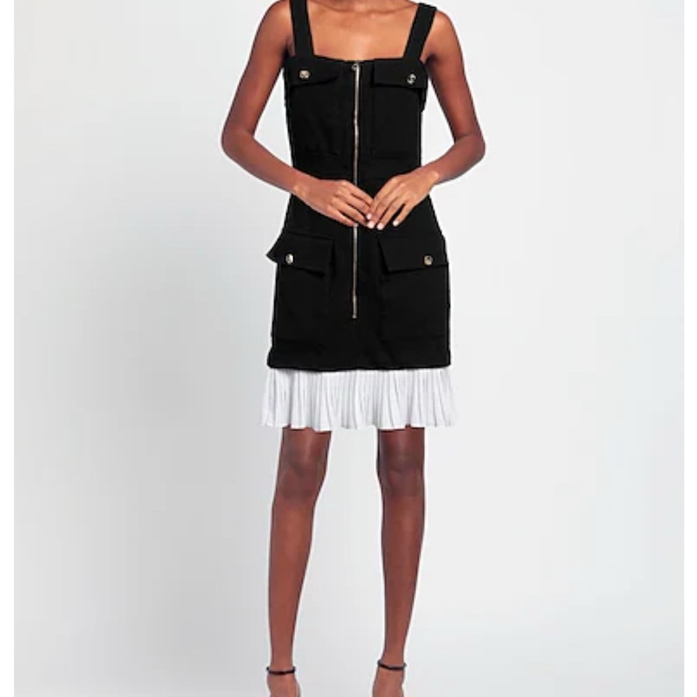Sandro Black Mini Dress with White Pleated Hem